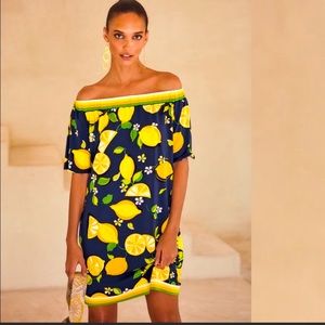 Trina Turk Lemon Print Off the Shoulder Sheath Dress Size Small